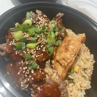 Beef bulgogi with fried rice and a pot sticker