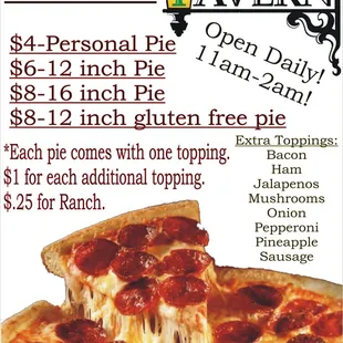 New Menu! We only have Pizza currently but is available all day and night!