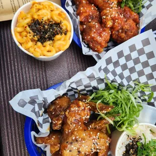 Fried chicken, spring onion salad, kimchi mac and chesese
