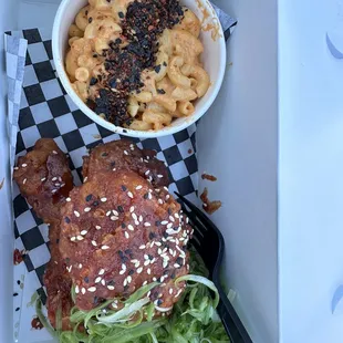 Korean Gochujang fried chicken with kimchi Mac and cheese