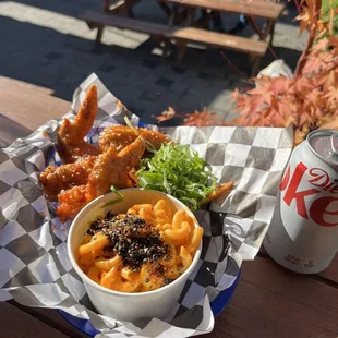 Kimchi mac and spicy gochujang wings