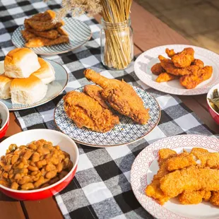 Chicken Tenders, Fish Nuggets, Collard Greens, BBQ Beans, Honey Sriracha Brussels Sprouts, Hawaiian Rolls