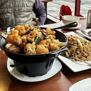 Green tea, cauliflower with spicy peppers, chicken fried rice and cumin lamb