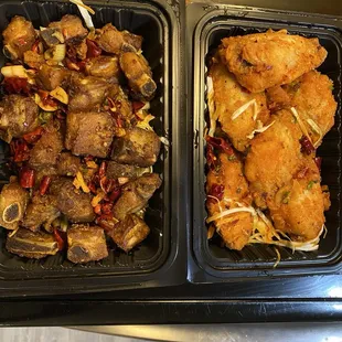 Crispy pork ribs and spicy chicken wings