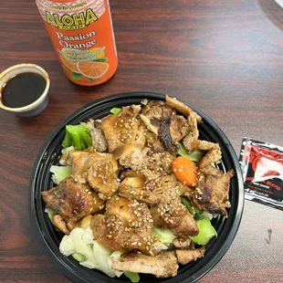 B1. Teri Chicken Bowl , Teriyaki Sauce 2 oz, Hawaiian Soy sauce packet, Aloha Maid (Passion Orange) Soda.