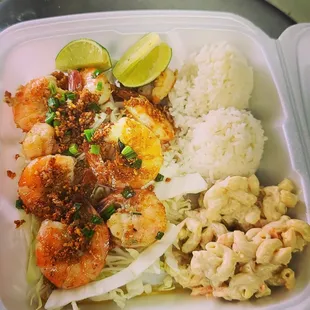 Garlic Shrimp with Hawaiian Style Mac Salad