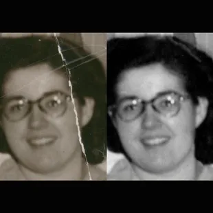 Fixing the tears and emulsion cracks in this 1948 snapshot of Connie's first date with her husband