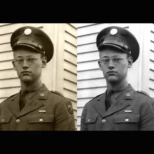 Removing age-related colors from a true black-and-white photo from World War II