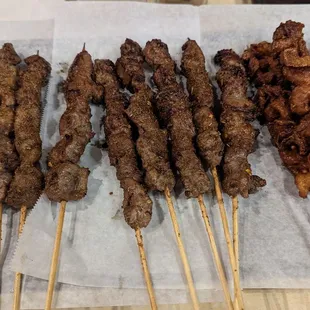 Lamb, beef and chicken skin skewers