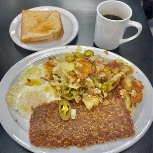 Eggs, goetta, home fries and toast