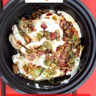 Charred Cabbage with bacon and oaxaca cheese