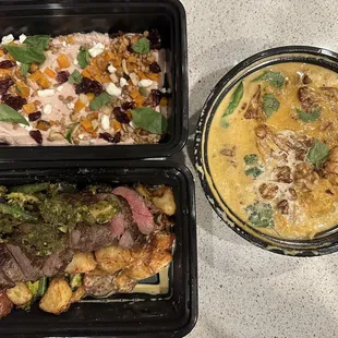 Butternut salad with chicken live mousse, 44 farms steak and zab &amp; chicken curry