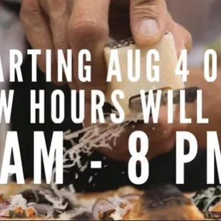 New hours! 11AM-8PM Tuesday-Saturday. Closed Sunday-Monday.
