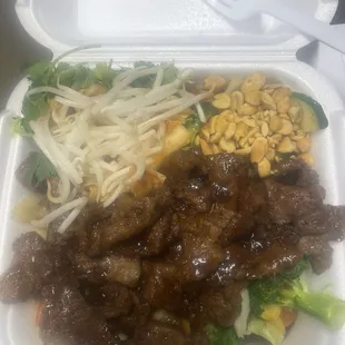 Korean BBQ Beef. Better bring your own cutlery. The cheap plastic fork breaks quickly on the chunks of broccoli.