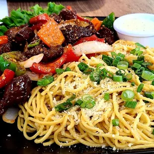 Shaken Beef Tenderloin w/ Garlic Parmesan Noodles