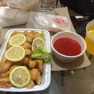 Lemon chicken with crab Rangoons.