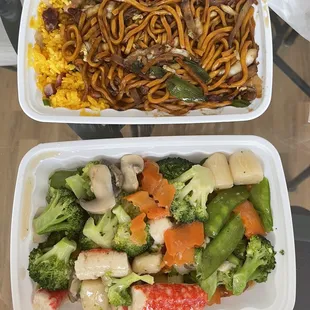 TOP: Combination Plate (Roasted Pork Lo Mein + Fried Rice) | BOTTOM: Seafood Delight