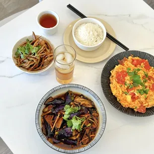 a table with a variety of food items