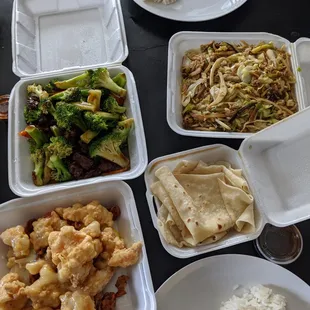 Honey walnut prawns, broccoli beef, mushu pork