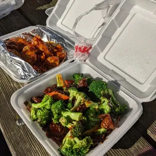 Broccoli beef and orange chicken