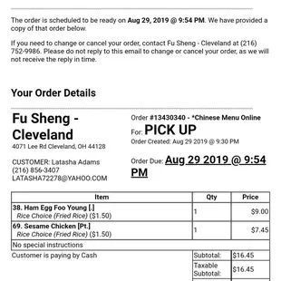 This is the time I supposed to pick up then she rushed me and food was still bad