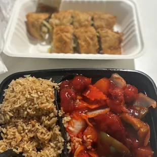 pork eggrolls And Sweet-and-sour pork with fried rice lunch special