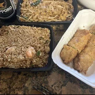 Shrimp fried rice egg rolls and shrimp chow fun