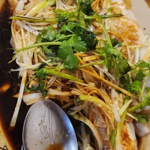 Steamed fish with some kinda soy sauce and ginger. Delicious highly recommend.