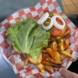 Hamburger and Fries with hot Sauce