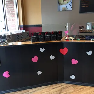 The store decorated for Valentines Day