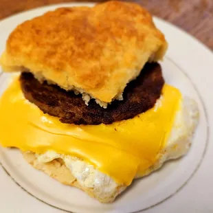 Sausage, egg and cheese biscuit breakfast sandwich