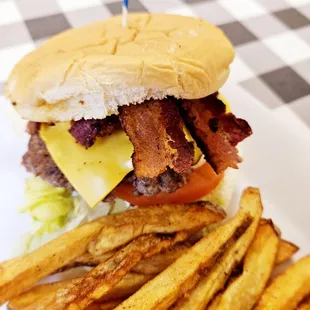 Bacon burger with hand cut french fries