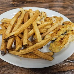 Grilled chicken strips with hand cut fries