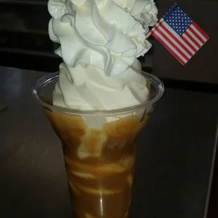 Parfait for the month of July: Peanut Butter Explosion; peanut butter, Reese's Pieces and Reese's Peanut Butter Cups. Delicious!