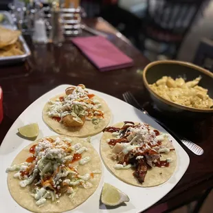 Shrimp, fried fish and brisket tacos