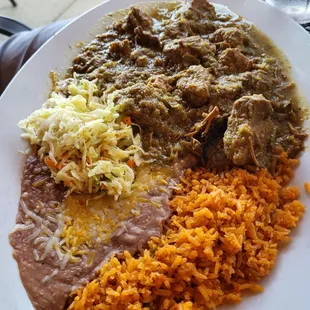 The Chile Verde Pork, which was a healthy portion of pork, and it comes with flour tortillas on the side.  VERY GOOD, &apos;A-&apos; grade