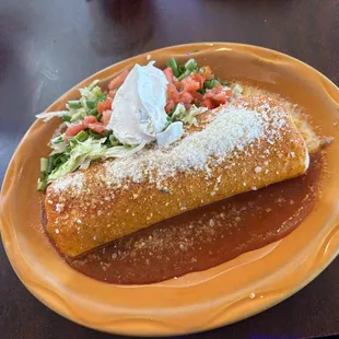 Relleno burrito-  the burrito was bland but the variety of hot sauce helped-  atmosphere was good for a large group