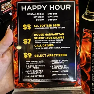 Happy hour prices and menu