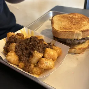 Patty melt with chili cheese tots