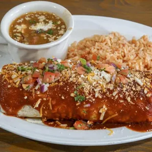 Wet Burrito your choice of meat or vegan with beans, rice, pico de gallo on the side