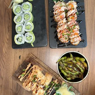 Avacado Roll, Tiger Roll, Shrimp Egg Rolls, Spicy Garlic Edamame