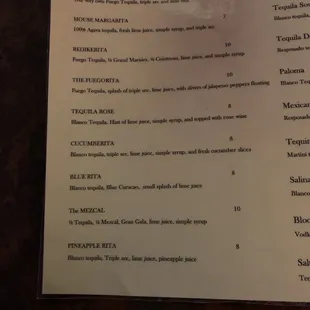 Margarita menu