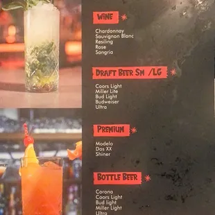 a menu for drinks