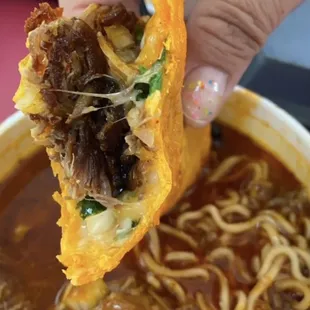 RAMEN BIRRIA with a birria taco