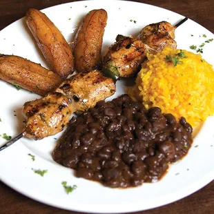 Lunch Grilled Chicken Skewers &amp; Latin Sides (Spanish Rice, Black Beans, Sweet Plantains)