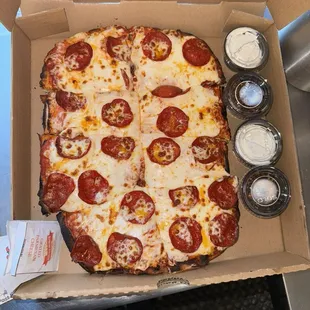 Sicilian Style Beef Pepperoni Pizza w/Ranch and Spicy Honey on the side