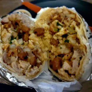 Huge chicken burrito. Very good. $10, 1st time there. Nice family.