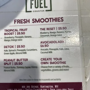a menu for fresh smoothies