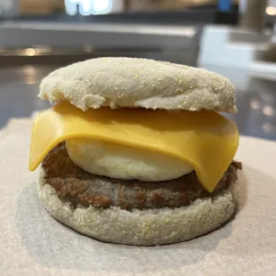 Breakfast sandwich-- Turkey sausage, egg, American cheese slice on an English muffin