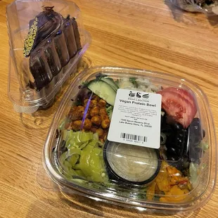 Vegan protein salad and chocolate cake